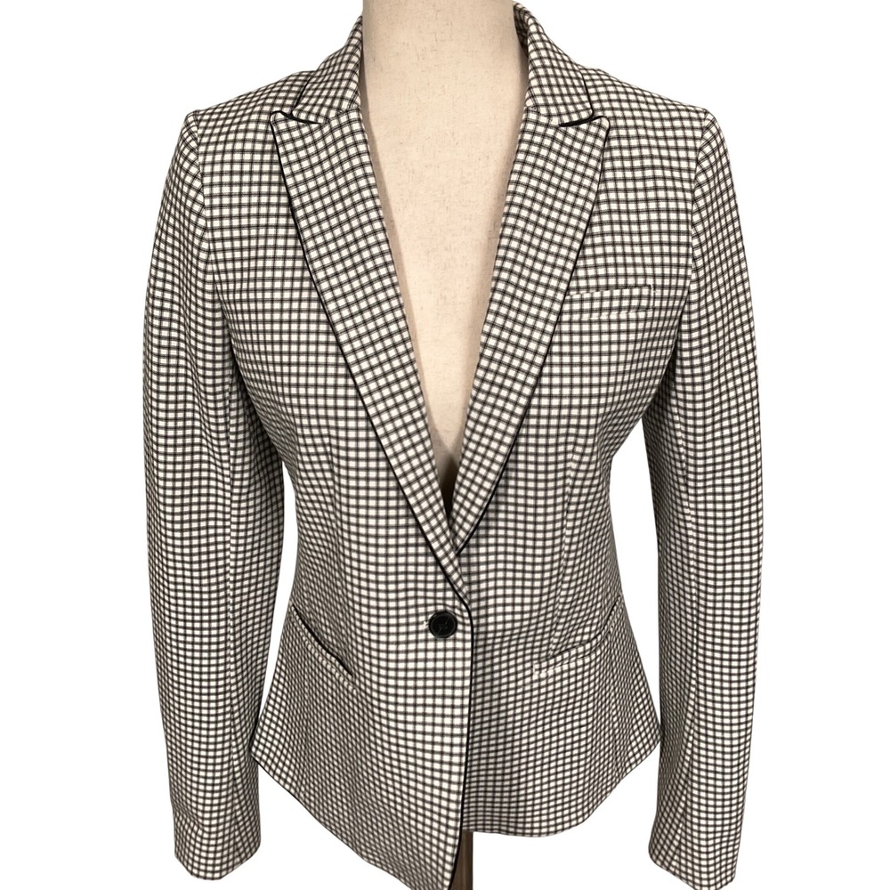 Banana Republic Blazer Women 2T Black White Micro Check Tailored Career Neutral